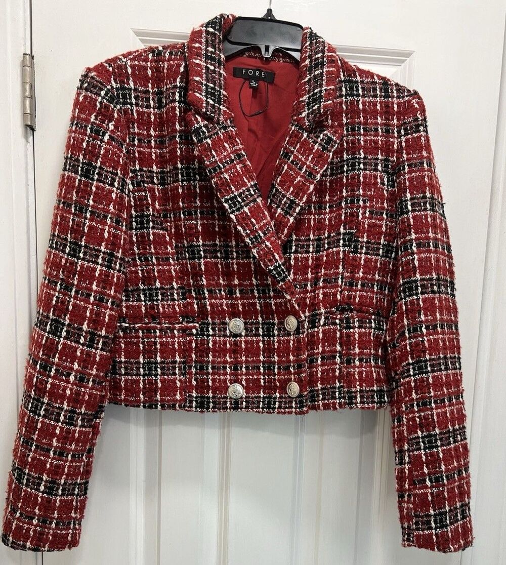 FORE Tweed Cropped Double-Breasted Blazer Red Black White Size L